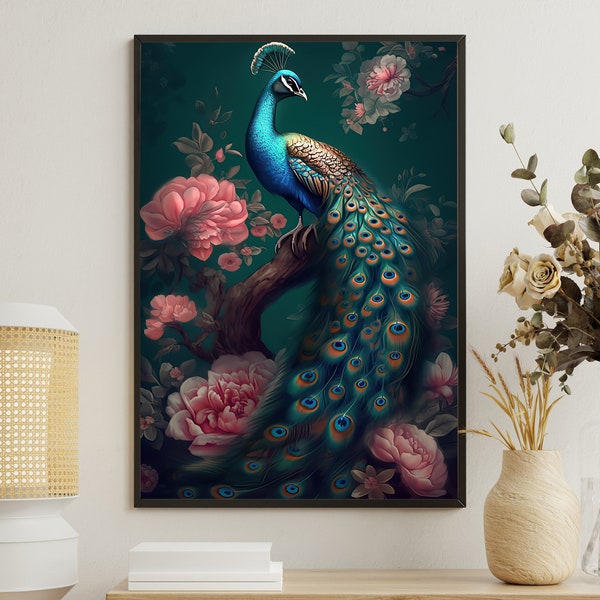 Floral Peacock Painting, Peacock Art Print, Peacock Canvas Print, Gothic Art Print, Peacock Poster Print, Animals Wall Decor