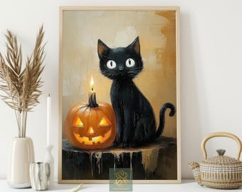 Black Cat Pumpkin Canvas Print: Spooky Halloween Wall Art