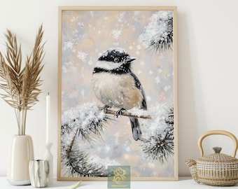 May include: A framed art print of a chickadee bird perched on a snow-covered pine branch. The bird has a black and white head and a beige body. The background is a soft, blurred winter scene with falling snowflakes.