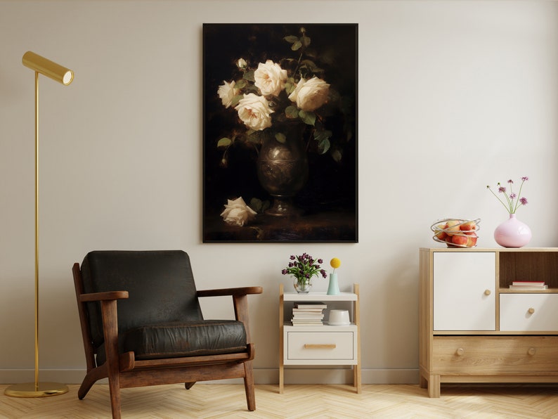 May include: A still life painting of white roses in a silver vase on a dark background.