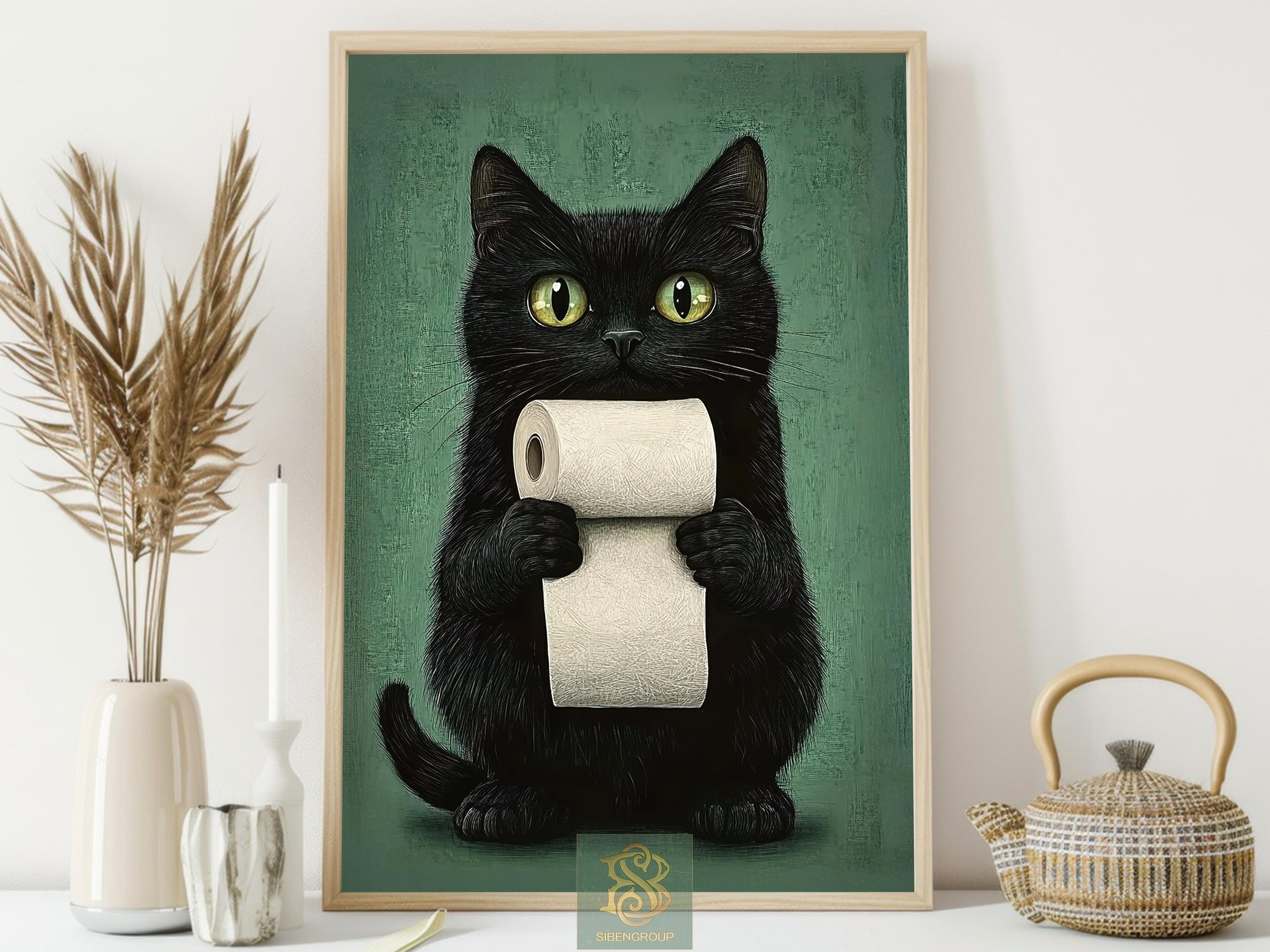 Bathroom Cat Canvas Print, Funny Black Cat Poster, Toilet Humor Wall ...
