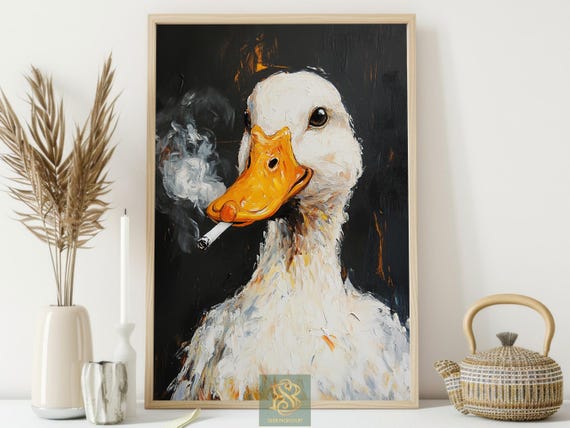 duck smoking cigarette painting Smoking Duck Canvas Print, Funny Duck Poster, Quirky Animal Wall Art