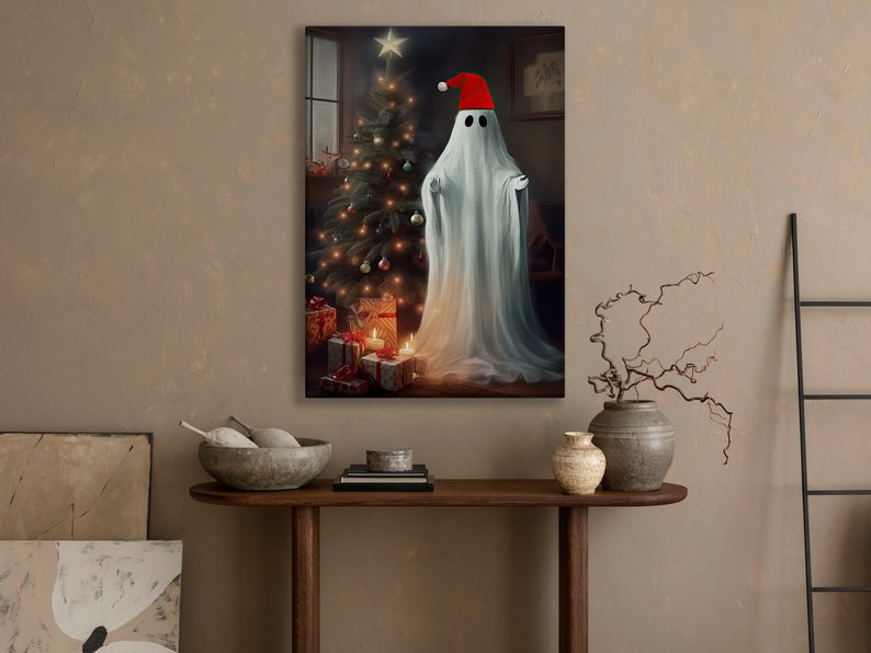 May include: A white ghost wearing a red Santa hat stands in front of a decorated Christmas tree with presents underneath. The ghost is glowing and the room is dimly lit.