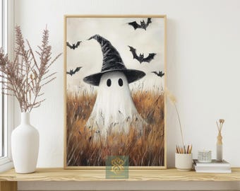 Spooky Ghost in Wheat Field Canvas Print: Halloween Witch & Bats