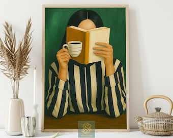 Girl Reading Book Canvas Print, Coffee And Literature Poster, Relaxed Study Wall Art Decor