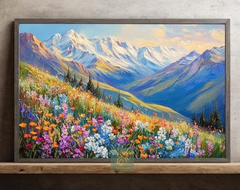 May include: A framed landscape painting depicts a mountain range with snow-capped peaks under a blue sky. The foreground features a vibrant meadow of colorful wildflowers in shades of orange, pink, purple, and white.
