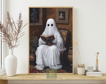 Ghost Reading Book In Vintage Room Canvas Print, Antique Chair Poster, Gothic Wall Art