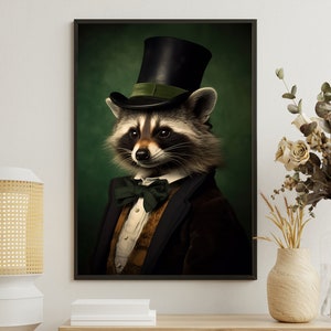 Victorian Raccoon in Suit Art Print: Gothic Dark Academia Poster