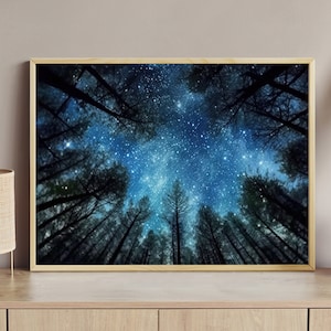 Magic Starry Night Forest Painting, Enchanted Forest Art Print, Mythical Forest Canvas Print, Magical Forest Night Poster Print