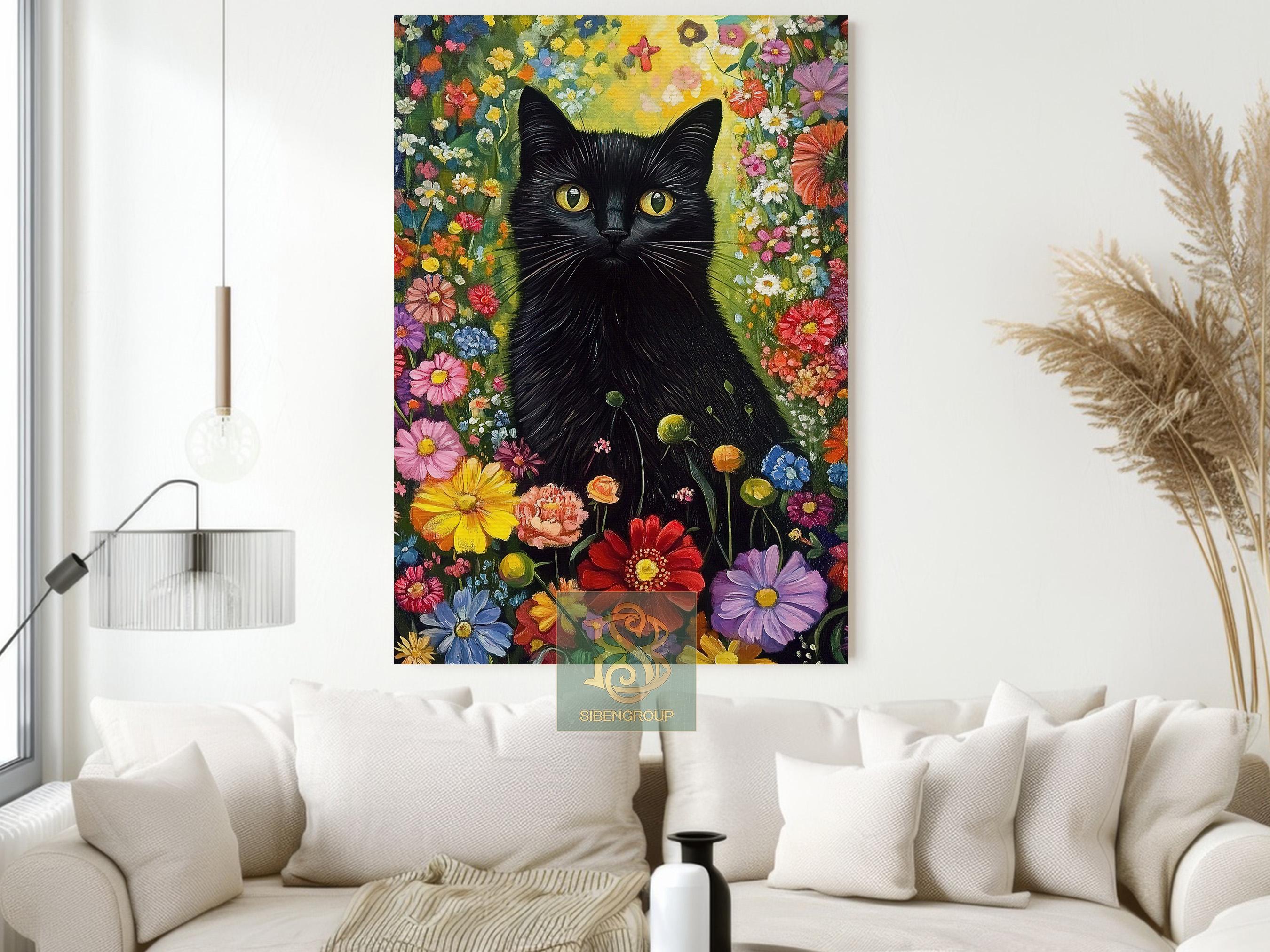 Black Cat in Flower Garden Canvas Print: Vibrant Floral Wall Art - Etsy