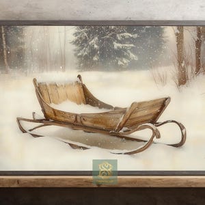 Vintage Santa&#39;s Sleight Canvas Print, Cottage Winter Poster, Snowy Wall Art, Winter Decor
