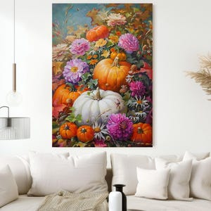 May include: A painting of a still life featuring pumpkins and flowers. The pumpkins are orange and white, and the flowers are pink, purple, and white. The painting is set against a background of green leaves and brown branches.