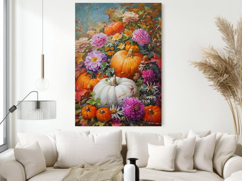 May include: A painting of a still life featuring pumpkins and flowers. The pumpkins are orange and white, and the flowers are pink, purple, and white. The painting is set against a background of green leaves and brown branches.