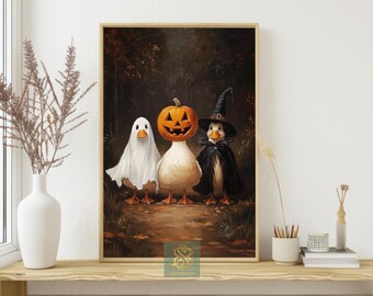 Halloween Ducks Canvas Print: Vintage Fall Animal Wall Art