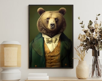 Vintage Bear in Clothes Art Print: Gothic Dark Academia Decor