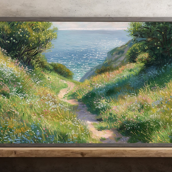 Impresión en lienzo "Camino de la cabaña a la costa": Arte mural con flores rústicas