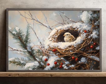 Winter Bird Nest Canvas: Snowy Pine Tree Holiday Wall Art