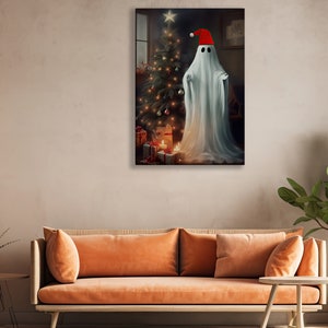 May include: A white ghost wearing a red Santa hat stands in front of a decorated Christmas tree with presents underneath. The ghost is holding its arms out to the sides.
