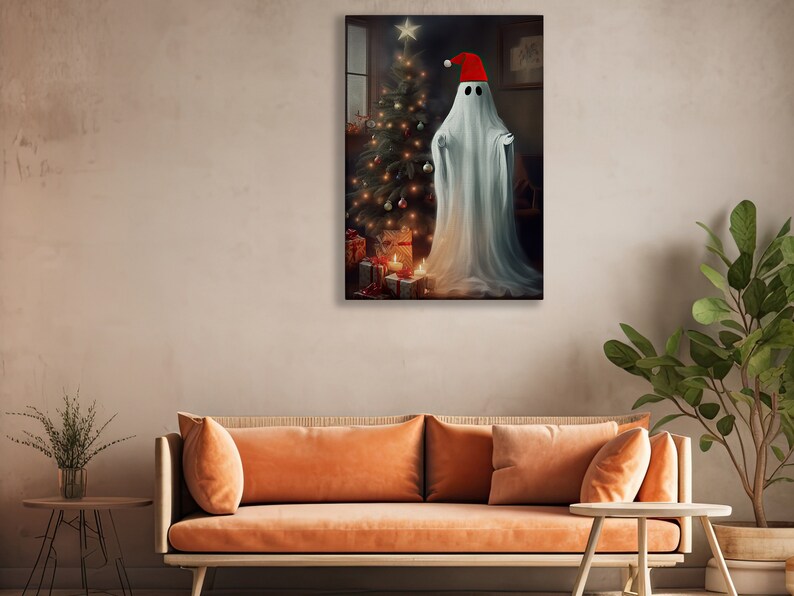 May include: A white ghost wearing a red Santa hat stands in front of a decorated Christmas tree with presents underneath. The ghost is holding its arms out to the sides.