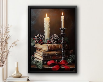 May include: A still life painting of two lit candles, one in a candlestick, on a stack of old books with a red bow and pine sprigs.