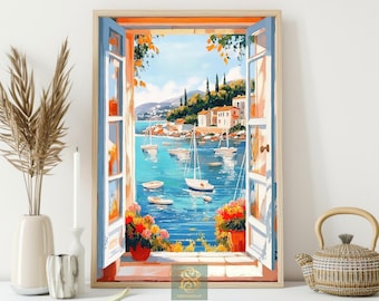 May include: A framed art print of a coastal scene viewed through an open window. The artwork shows a blue sea with sailboats, a village, and flowers in pots. The frame is light wood. The scene is reminiscent of the Mediterranean.