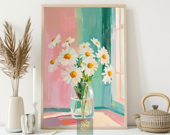Daisy Window Canvas Print, Bright Floral Jar Poster Print, Spring Bloom Wall Art Decor