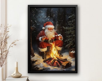 Vintage Santa Grilling Marshmallows Canvas Print: Christmas Wall Art