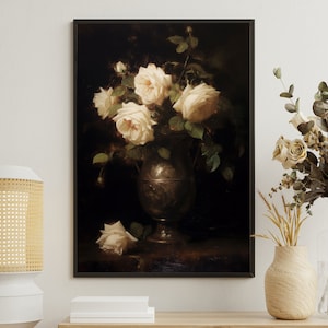 May include: A framed painting of a still life featuring a bouquet of white roses in a silver vase against a dark background.