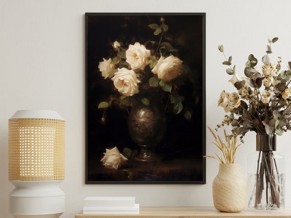 Vintage Floral Vase Painting: Dark Academia Art Print