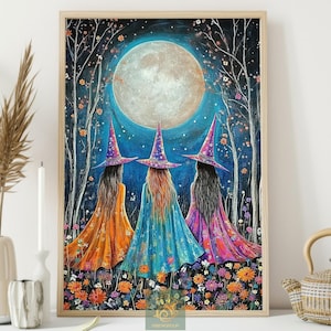 Mystic Witches Moonlight Canvas Print, Enchanted Night Poster, Magical Trio Wall Art