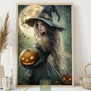 Moonlit Witch Canvas Print, Halloween Pumpkin Glow Poster, Gothic Magic Wall Art