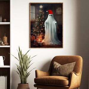 May include: A white ghost wearing a red Santa hat stands in front of a decorated Christmas tree with presents underneath. The ghost is in a dimly lit room with a window in the background.