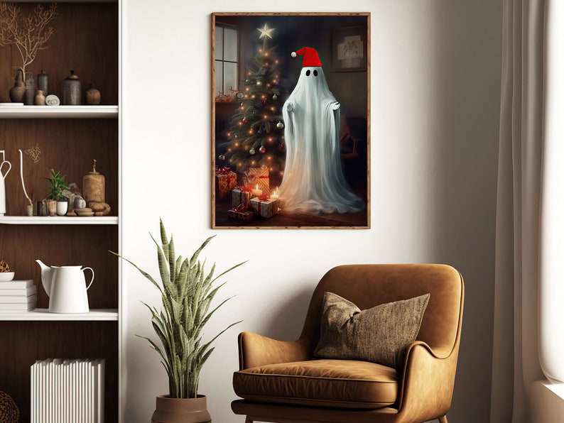 May include: A white ghost wearing a red Santa hat stands in front of a decorated Christmas tree with presents underneath. The ghost is in a dimly lit room with a window in the background.