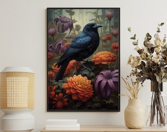 Retro Floral Raven Art Print: Gothic Crow Canvas Poster