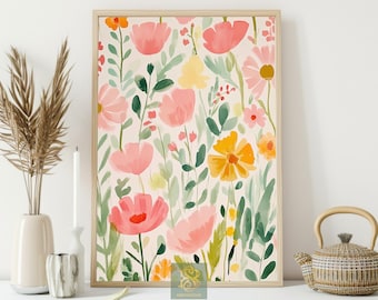 Spring Garden Canvas Print, Pastel Wildflowers Poster Print, Watercolor Floral Wall Art Decor