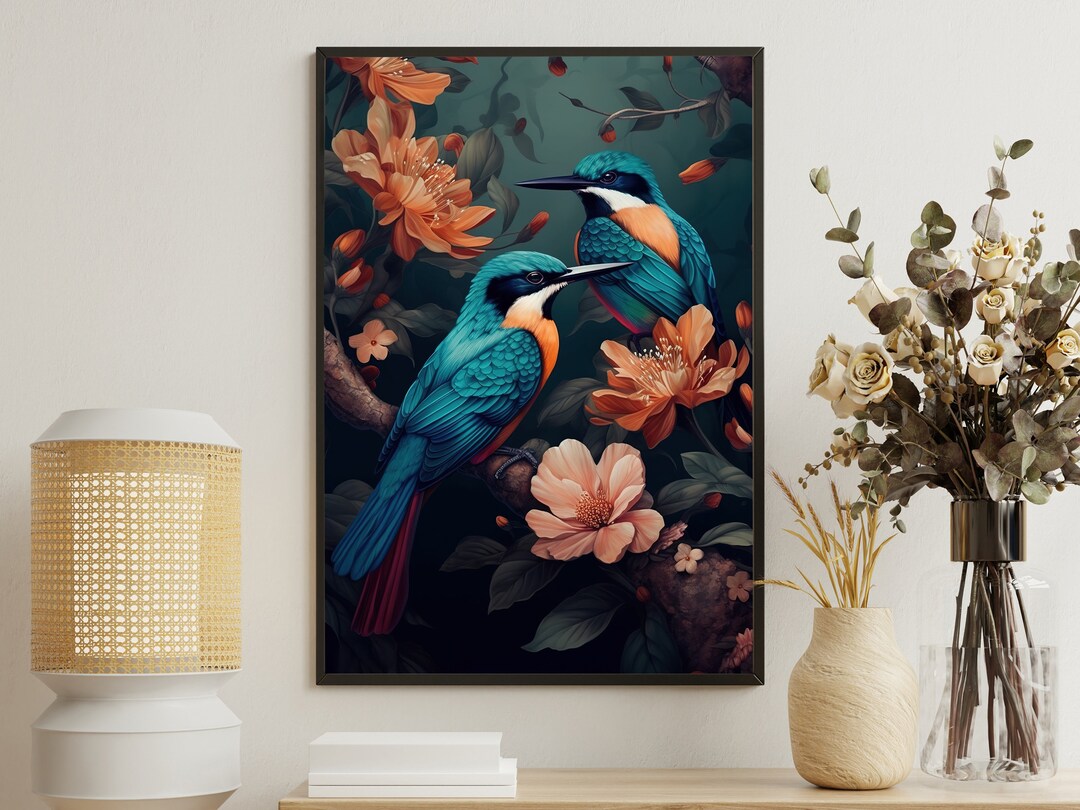 Vintage Floral Bird Art Print: Botanical Painting, Animal Wall Decor - Etsy
