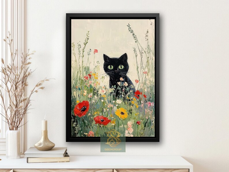 Black Cat Wildflower Field Canvas Print: Whimsical Feline Wall Art - Etsy
