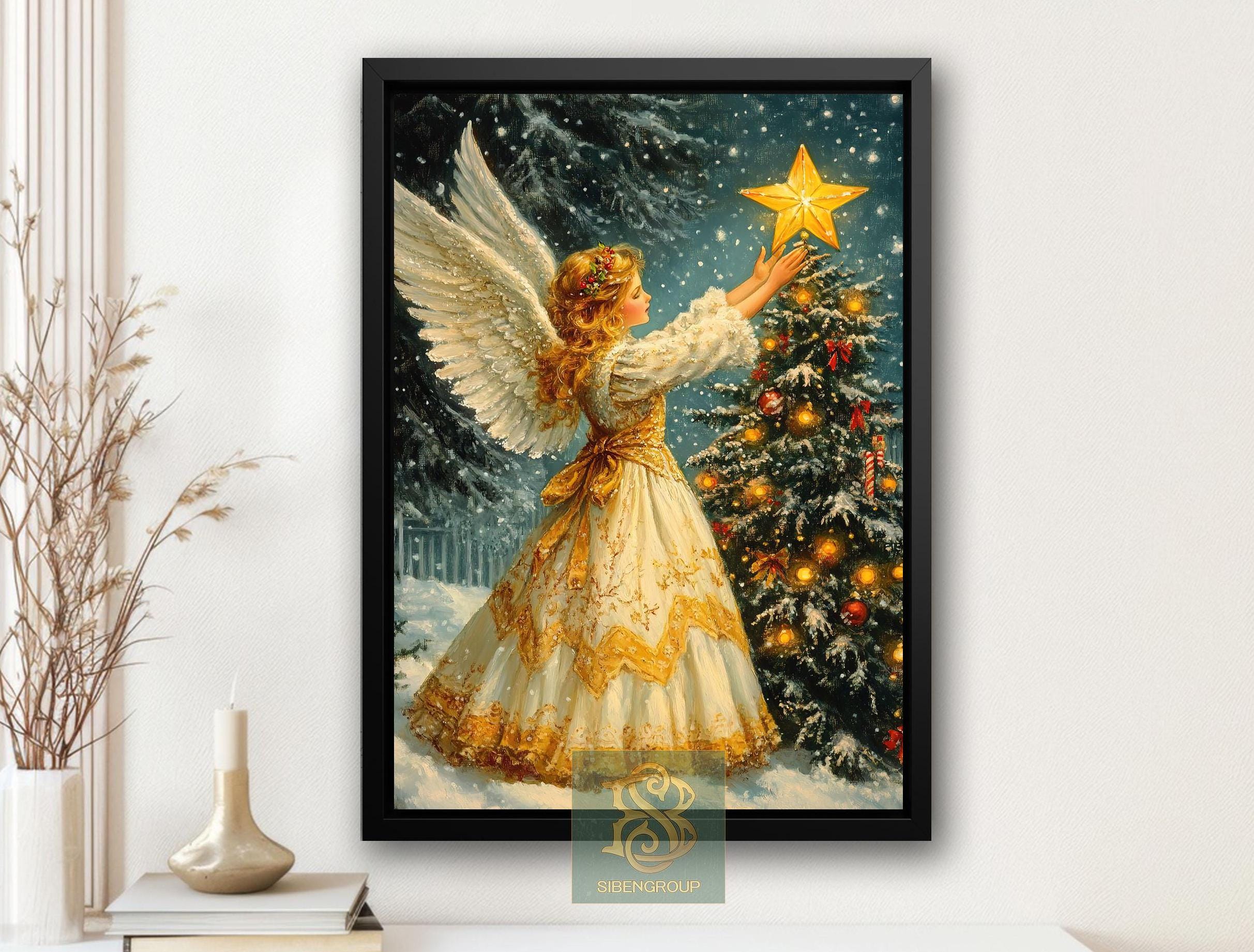 xmas angel パステル画　絵画アート原画 Vintage Christmas Angel Canvas Print: Celestial Holiday Decor - Etsy