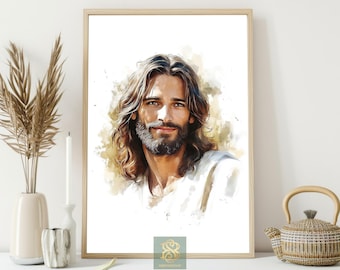 Smiling Jesus Canvas Print, Gentle Savior Portrait Poster Print, Faithful Light Wall Art Decor