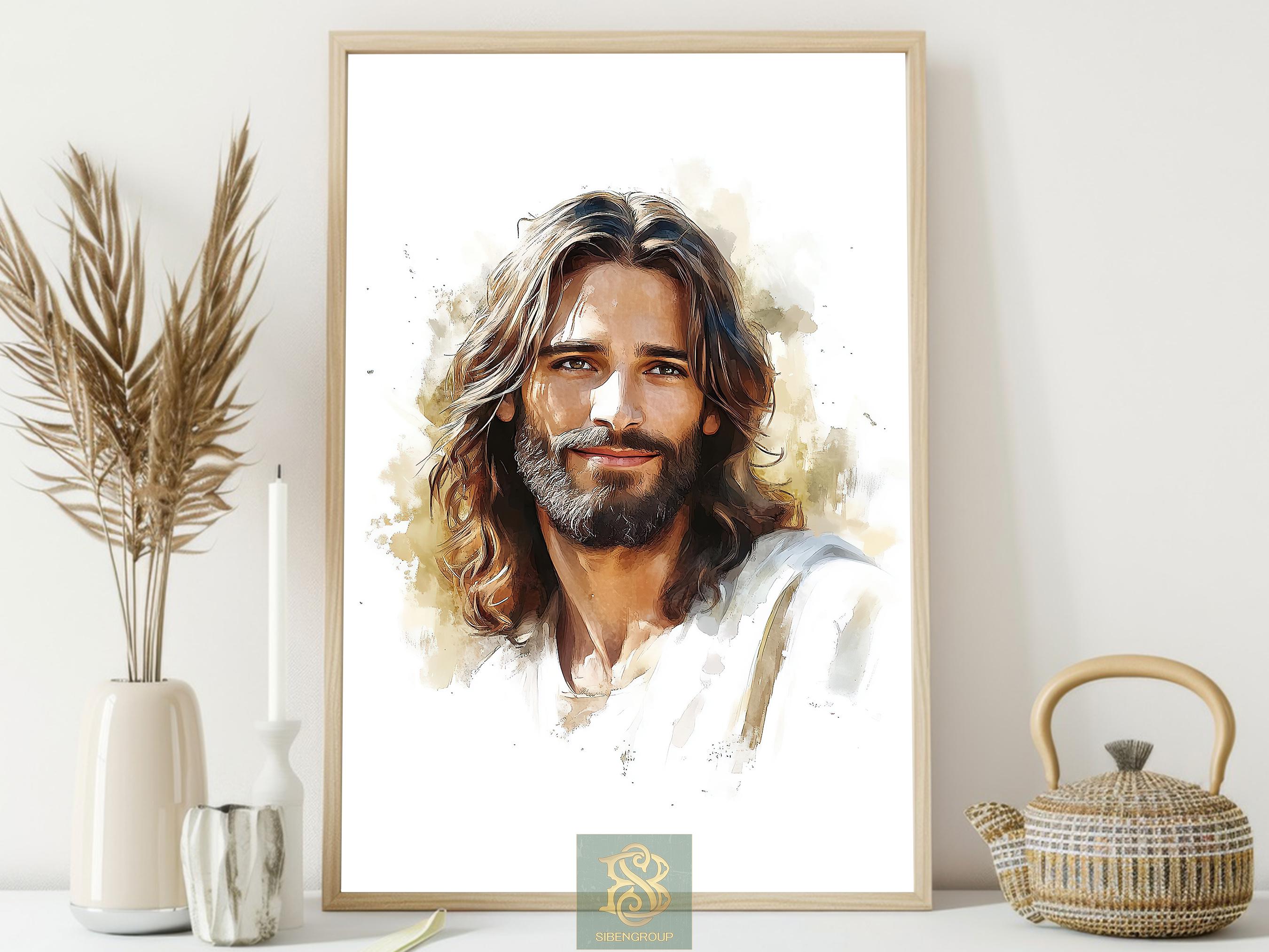Impression sur toile Jésus souriant, impression d'affiche portrait doux Sauveur, décoration murale lumière fidèle
