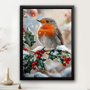 Winter Bird Painting, Cottage Snowy Bird Canvas, Rustic Winter Poster, Holiday Winter Wall Art, Winter Decor