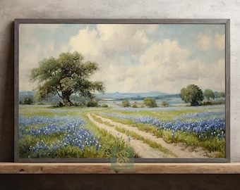 Country Pathway Canvas Print, Bluebonnet Field Poster Print, Peaceful Landscape Wall Art Decor