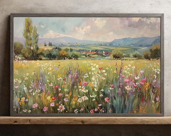 Wildflower Field Painting: Vintage Cottage Canvas Art