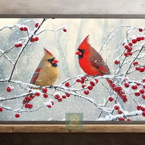 Winter Bird Painting, Cottage Snowy Bird Canvas, Rustic Winter Poster, Holiday Winter Wall Art, Winter Decor