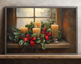May include: A painting of a window with a view of a snowy landscape.  The window is decorated with a wreath of holly and red bows.  Four candles are lit in the wreath.
