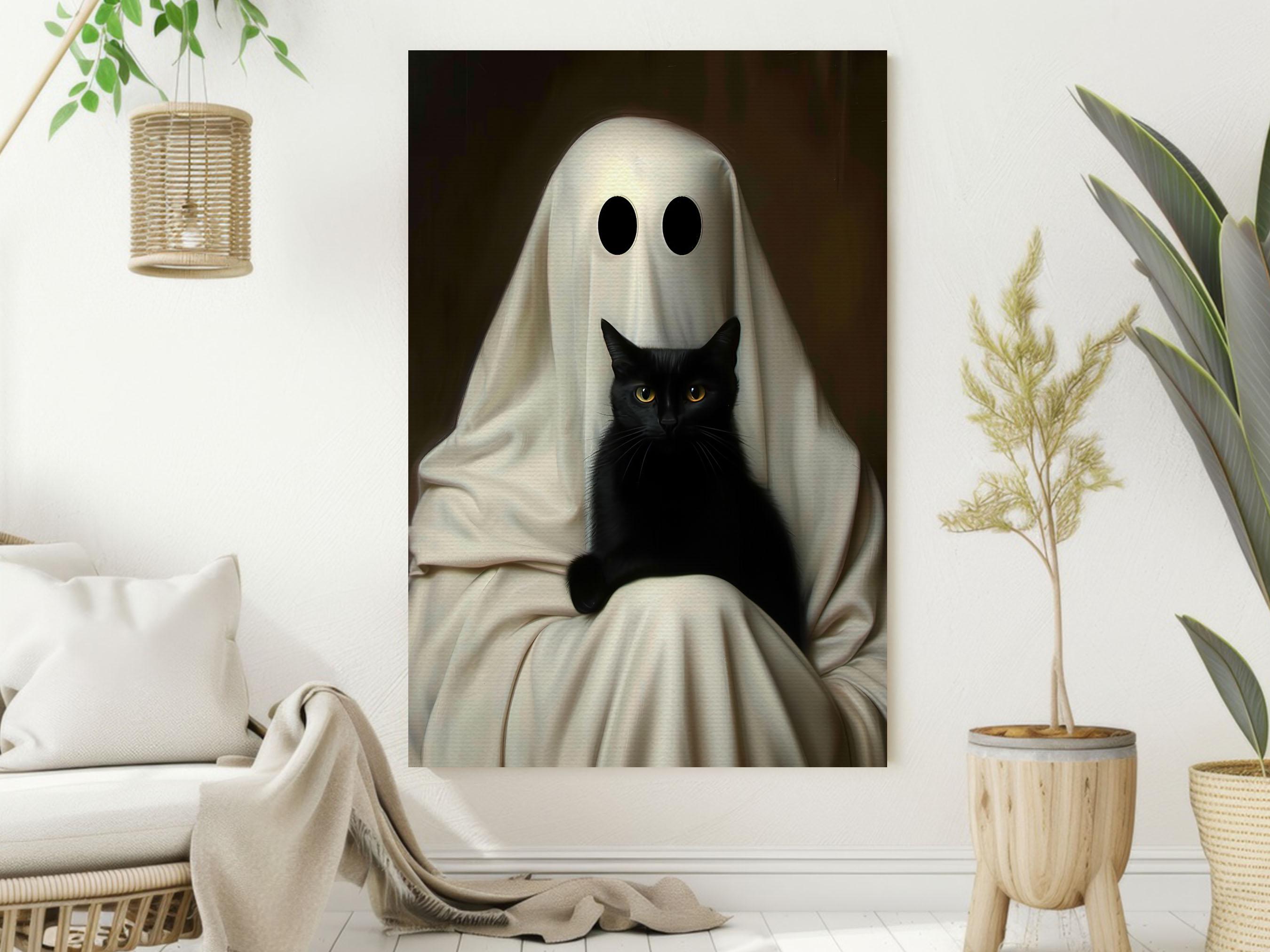 Vintage Ghost and Black Cat Canvas Print: Halloween Wall Art - Etsy