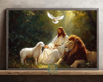 Jesus With Lamb And Lion Canvas Print, Peaceful Garden Poster, Christian Religious Wall Art