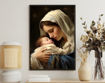 Virgin Mary And Baby Jesus Painting, Mary Art Print, Christian Canvas Print, Jesus Poster Print, Jesus Wall Decor, Catholic Wall Hanging