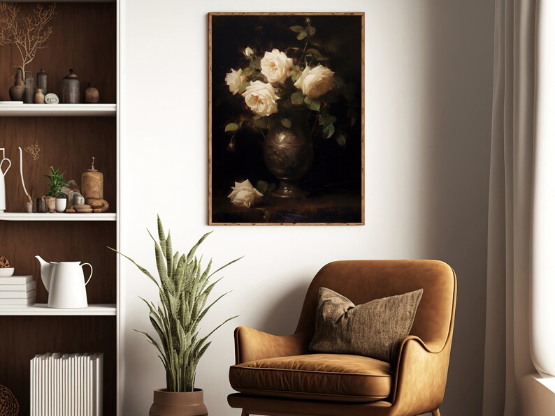 May include: A framed painting of a bouquet of white roses in a silver vase on a dark background.