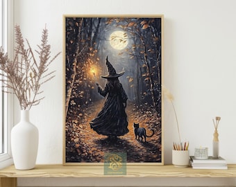 Witch and Cat Canvas Print: Halloween Full Moon Forest Scene